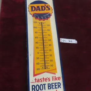 Dad’s Root Beer Embossed Metal Tin Thermometer W/ Bulb, C. 1950s–1960s, 7 1/2" x 27"