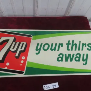 7UP Thirst Away Embossed Metal Tin Sign by Stout Sign Co, C. 1965, 12" x 30"