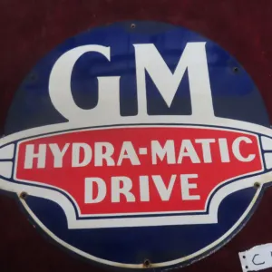 GM Hydra-Mattic Drive Porcelain Dealership Sign W/ Rich Cobalt, C. 1940s–Early 1950s, 19" x 16"