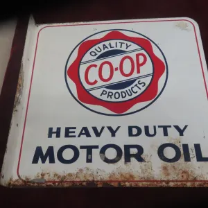 Coop Products Motor Oil Two-Sided Metal Flange Sign, Different Oil Product Per Side, 18" x 18"