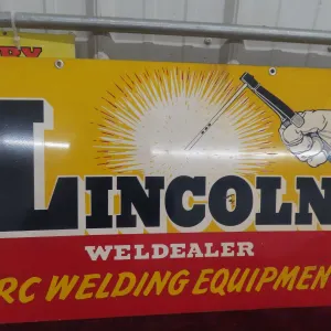 Lincoln Welder Arc Welding Equipment Painted Metal Two-Sided Sign, 1957, 30" x 17 1/2"