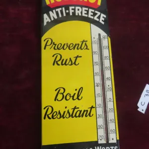 Hot Shot Antifreeze Metal Tin Thermometer W/ Bulb, C. 1940s, 7 1/2" x 20"