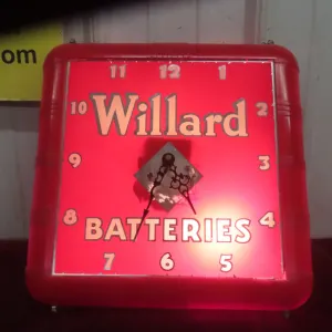 Willard Batteries Mid-Century Light-Up Clock, C. 1940s–1950s, 12 1/2" x 12 1/2"