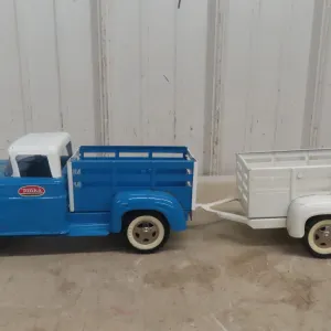 Tonka Farm Pressed Steel Stake Bed Truck W/ Horse Trailer, C. 1950s–Early 1960s, 21 1/2" Long