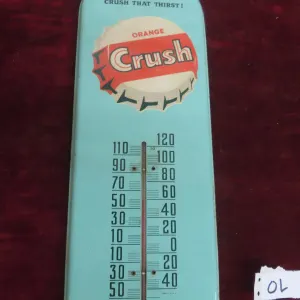 Orange Crush Metal Tin Thermometer w/Bulb - Crush That Thirst, C. 1940s–1950s, 6" x 16"