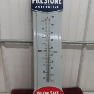 Prestone Antifreeze Porcelain Thermometer W/ Bulb, C. 1950s, 9" x 30" "You're Safe & You Know It"