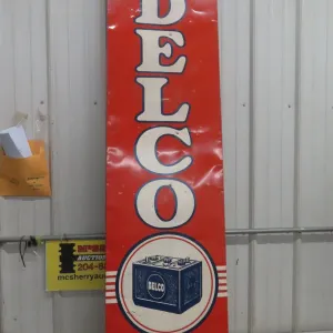 Delco Battery Vertical Metal Tin Sign Mounted on Wood Frame, Great Graphics of 6V Battery