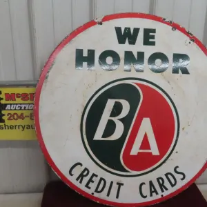 British American BA “We Honor Credit Cards” Two-Sided Porcelain Service Station Sign