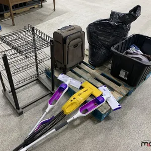 Eureka Vacuum, (2) Swiffers, Steel Shelving, Pillows, Suitcase, Clothing & Bin
 UNRESERVED
