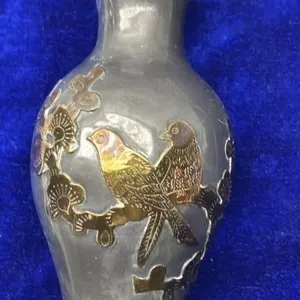 Antique 6 inch Pewter Brass Bird Overlay Vase