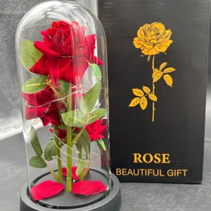 LED-Illuminated Artificial Rose Display in Glass Dome