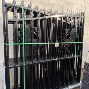 2 BLACK METAL LION MOTIF DRIVEWAY GATES 90"H X 83"L