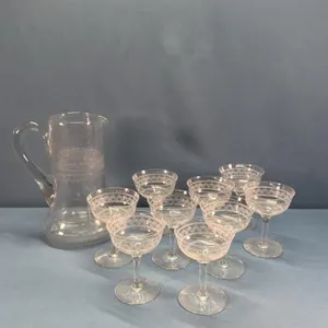 (9) ETCHED GLASS SHERBERTS & MATCHING 9IN PITCHER