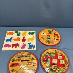 (3) 1950'S 7IN WOODEN PUZZLES & 9IN PLASTIC PUZZLE
