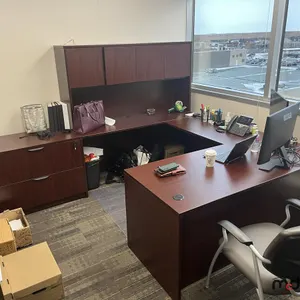 U-Shaped Desk w/ (2) Chairs, (2) 3' Bookshelves, Filing Cabinet & Mat 
 UNRESERVED