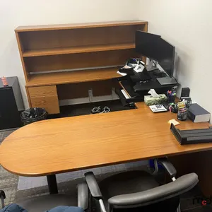 U-Shaped Desk w/ (2) Chairs, 3' Bookshelf, Filing Cabinet, Mat & Sit/Stand Riser 
 UNRESERVED