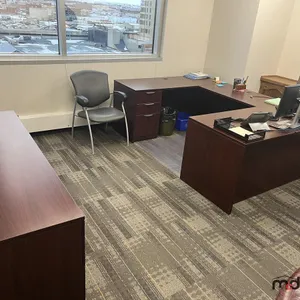 U-Shaped Desk w/ (3) Chairs, 3' Bookshelf, (2) Filing Cabinets & Mat 
 UNRESERVED