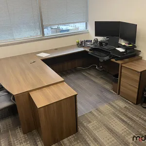U-Shaped Desk w/ (2) Chairs,  3' Bookshelf, Mat, Closet, (2) Under Desk Cabinets & Sit/Stand Riser 
 UNRESERVED