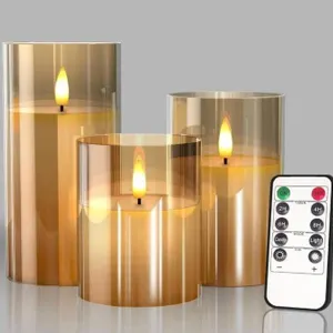 Glass Battery Operated LED Flameless Candles With Remote and Timer, Pack of 3
