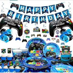 Gaming-Themed Party Supplies Set Including Decorations and Tableware May Vary From Stock Photo