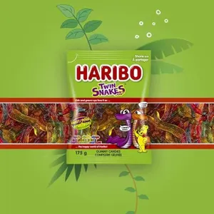 Haribo Twin Snakes Sweet & Sour Gummy Candy, 6 Fruity Flavours 175g Bag Lot of 12 Units