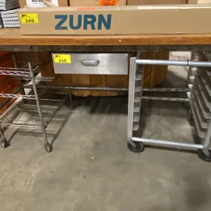 BUTCHER BLOCK TOP PREP TABLE APPROX 71"L X 30"D X 35"H WITH 2 SMALL MOBILE RESTAURANT RACKS