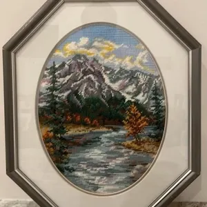Framed Needlework Landscape. 13.5" x 16.5".