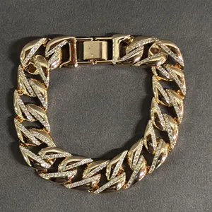 *NEW* 18K GOLD PLATED 14MM SIMULATED DIAMOND (CZ) ICED OUT CUBAN LINK BRACELET: 8" LONG