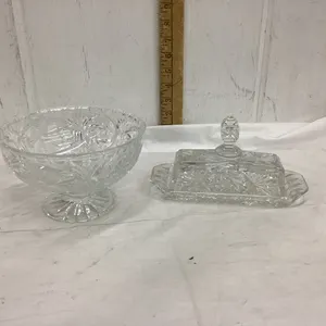 (2) PIECES PINWHEEL CRYSTAL - BUTTER DISH - COVERED & SMALL PEDESTAL BOWL