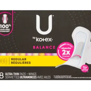 U by Kotex Balance Ultra Thin Pads With Wings, Regular, 18 Count, Pack of 2