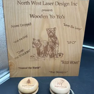 Lot of 2 – North West Laser Design Inc Wooden Yo-Yos Featuring Jasper, Canada Design
