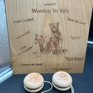 Lot of 2 – North West Laser Design Inc Wooden Yo-Yos Featuring Jasper, Canada Design