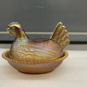 VINTAGE CHICKEN CANDY DISH - IRREDESCENT GLASS