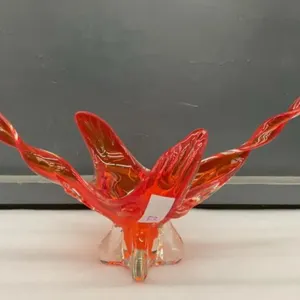 VINTAGE HEAVY GLASS RED/ORANGE DECOR PIECE W/ TWISTED ARMS
