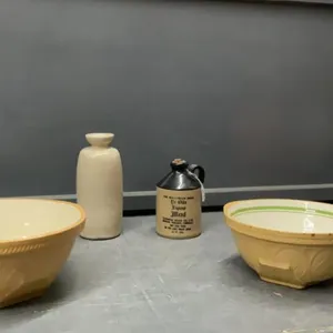 VINTAGE POTTERY - (2) BOWLS  & (2) LIQUOR BOTTLES