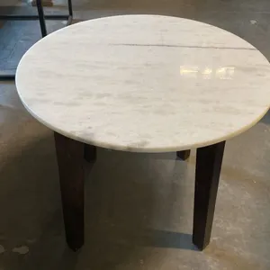 ROUND WHITE ONYX TOP SOLID WOOD BASE CONTEMPORARY SIDE TABLE