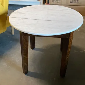 ROUND WHITE ONYX TOP SOLID WOOD BASE CONTEMPORARY SIDE TABLE