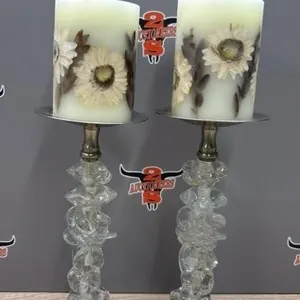 2 Vintage Glass Pillar Candle Holders w/Pressed