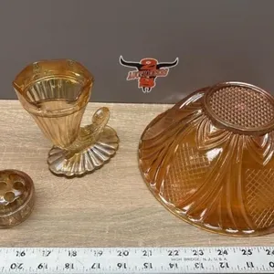 Carnival Glass - Bowl & Glass Flower Frog & Horn
