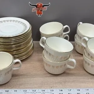 Queen Anne 22K Gold Tea Set. 19 Saucers, 10 Cups