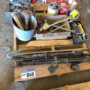 Pallet Lot; Tow Bar, Pins, Air Tool Kit, Hydraulic Tips, Tire Iron