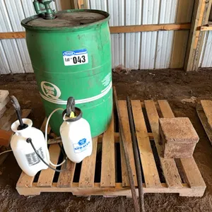 Pallet Lot; Oil Barrel & Pump, Hand Pump Yard Sprayers, Anvil, Crow Bars