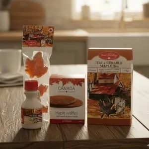 Canadian Maple Products Including Syrup, Tea, Waffles, and Candies