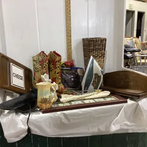 BOX W/ MISC ITEMS - FLORAL RUBBER BOOTS, WICKER VASE, IRON, SOME DECOR