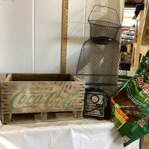 VINTAGE COCA COLA WOOD CRATE, 1/4 BAG SOIL, OLD CHARGER,