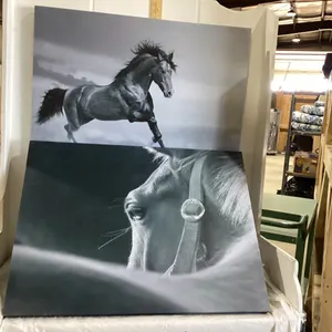 (2) HORSE PICTURES ON CANVAS, BOX OF FRAMES & SMALL BATHROOM PICTURES