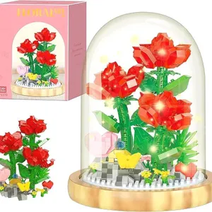 New HighMount Rose Flowers Bouquets Building Toy DIY with Dust Cover Mini Bricks Rose Building Blocks Kit for Adult Mom Women Home Office Desk Decorat