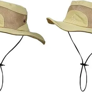 2 New O/S Unisex Sun Hats, Wide Brim Summer UV Protection, Cotton Fishing Hat Uv Hats, Breathable Mesh Gardening Hats with Adjustable Chin Strap, Khak