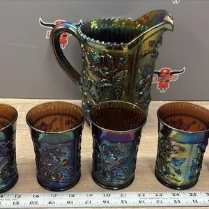 Carnival Glass Pitcher (8.5"H) & 5 Glasses.