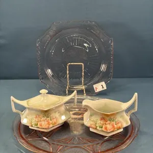 (2) PINK DEPRESSION PLATES W/GERMAN CREAM &SUGAR